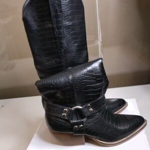 Rider Girl Black Croc-Embossed Western Boots with Harness Detail
